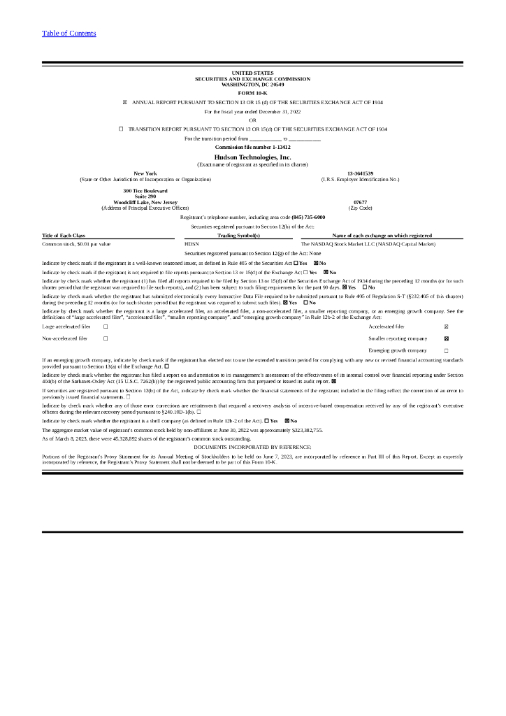 Hudson Technologies,Inc.（HDSN）2022财年年度报告（英文版）