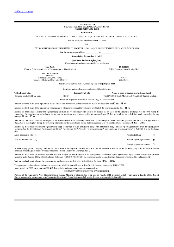 Hudson Technologies,Inc.（HDSN）2021财年年度报告（英文版）