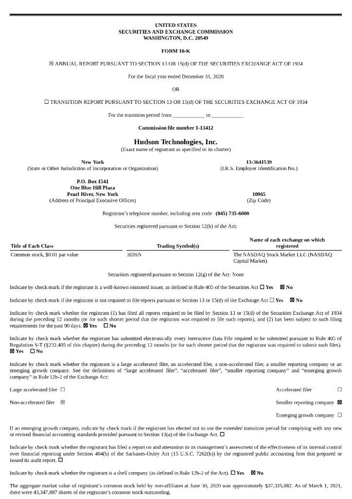 Hudson Technologies,Inc.（HDSN）2020财年年度报告（英文版）