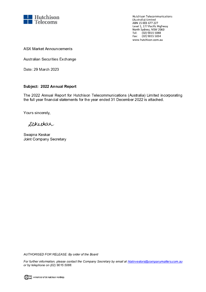 Hutchison Australia（HTA）2022财年年度报告（英文版）