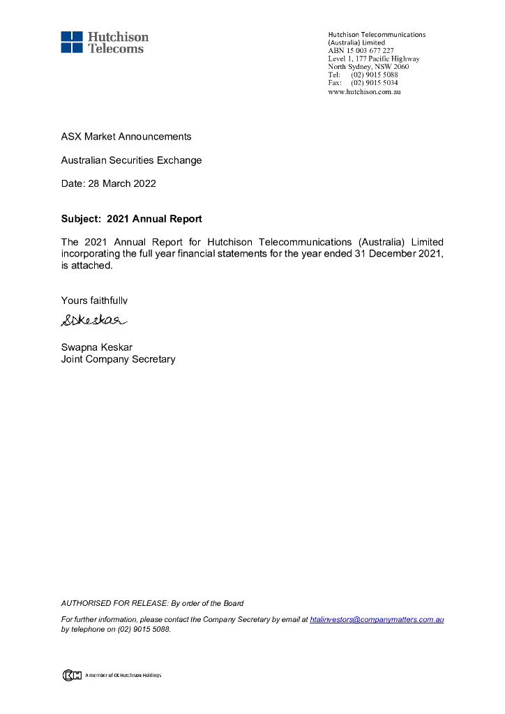 Hutchison Australia（HTA）2021财年年度报告（英文版）