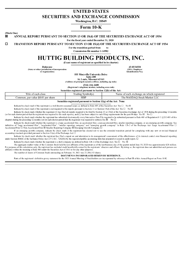 Huttig Building Products Inc.（HBP）2020财年年度报告（英文版）