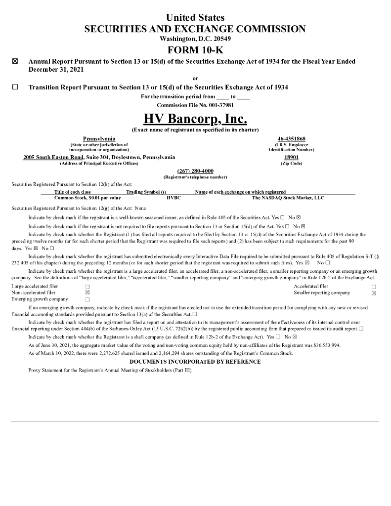 HV Bancorp,Inc.（HVBC）2021财年年度报告（英文版）