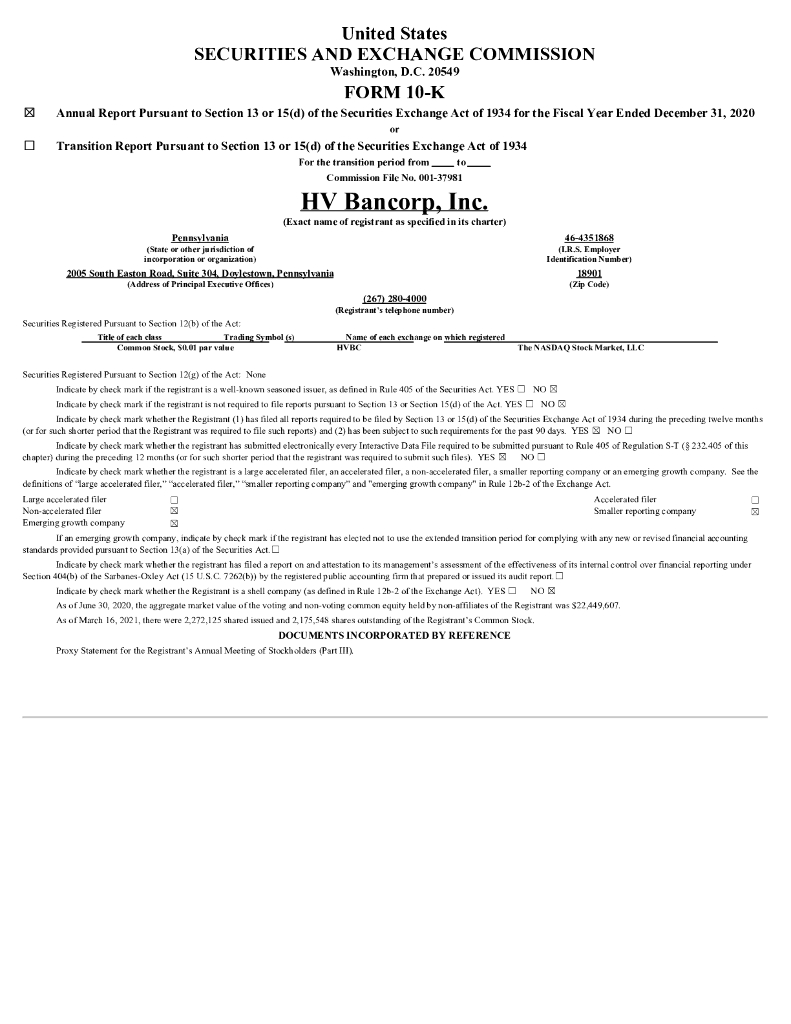 HV Bancorp,Inc.（HVBC）2020财年年度报告（英文版）