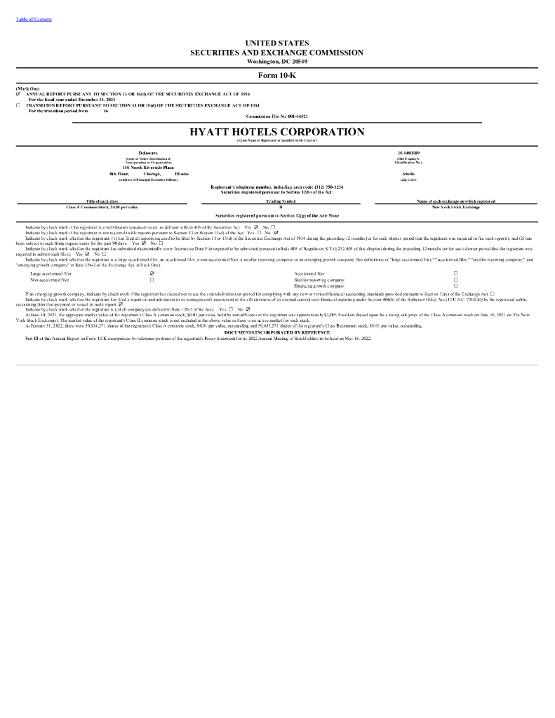 Hyatt Hotels Corporation（H）2021财年年度报告（英文版）
