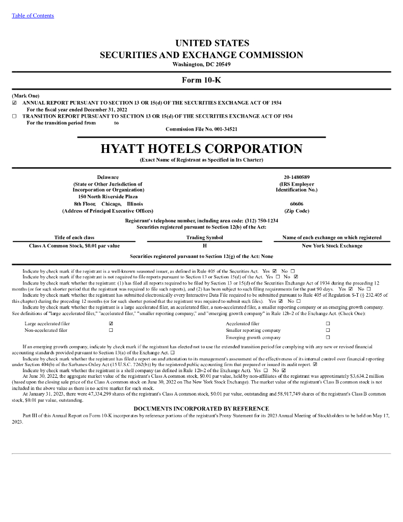 Hyatt Hotels Corporation（H）2022财年年度报告（英文版）