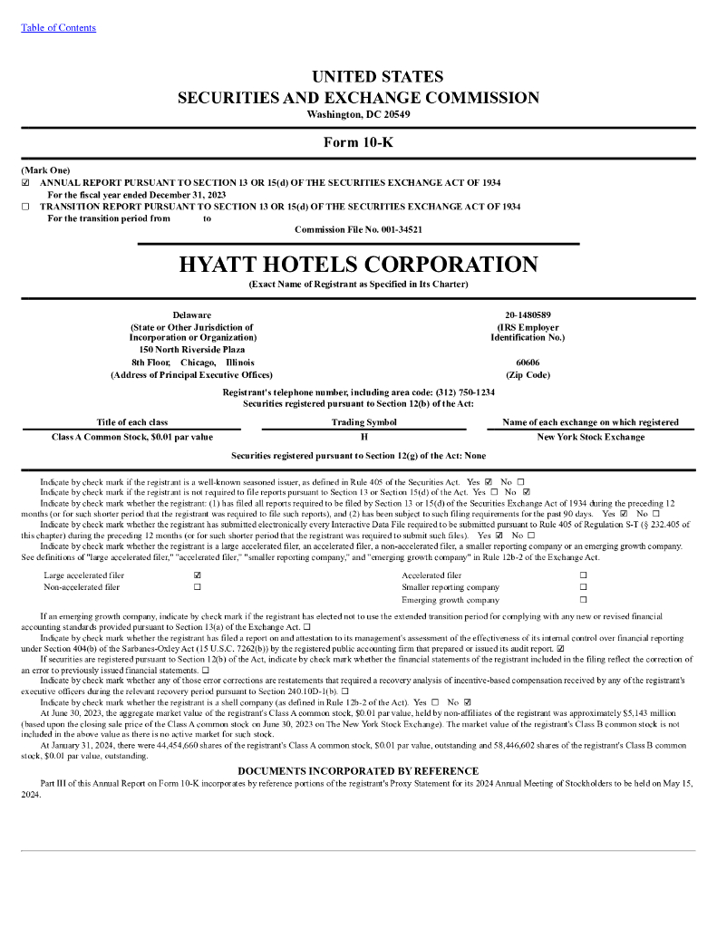 Hyatt Hotels Corporation（H）2023财年年度报告（英文版）