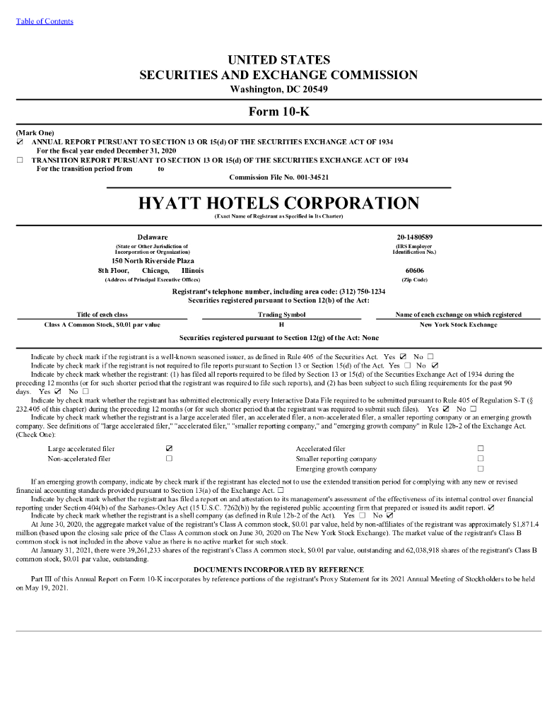 Hyatt Hotels Corporation（H）2020财年年度报告（英文版）
