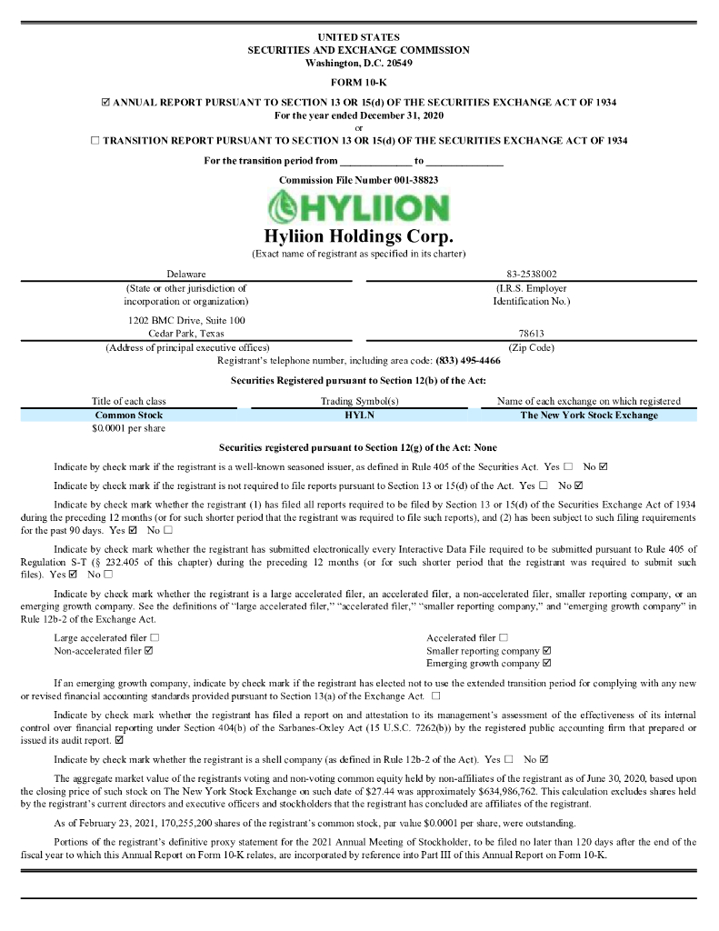 Hyliion Holdings Corp.（HYLN）2020财年年度报告（英文版）