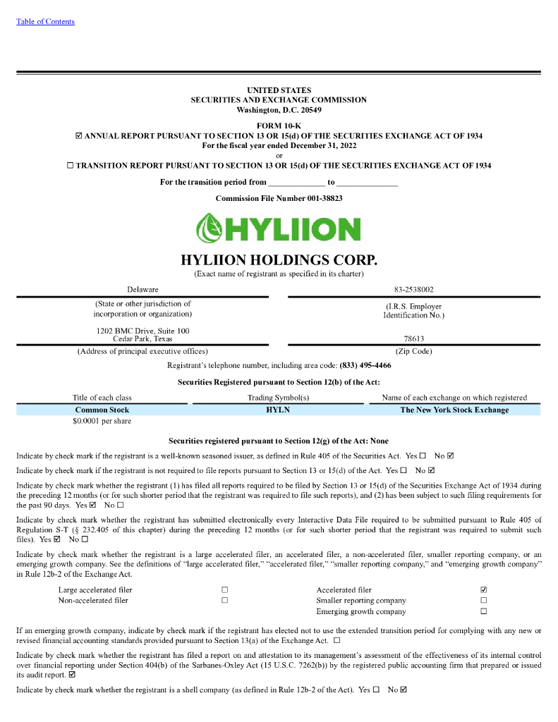 Hyliion Holdings Corp.（HYLN）2022财年年度报告（英文版）