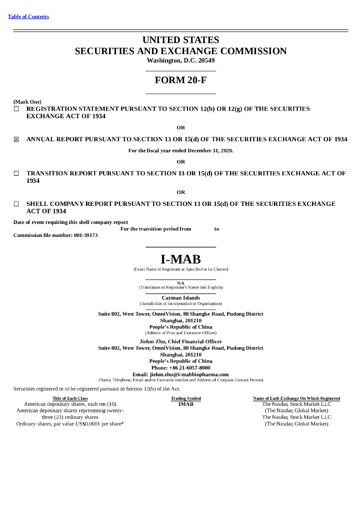 I-MAB（IMAB）2020财年年度报告（英文版）