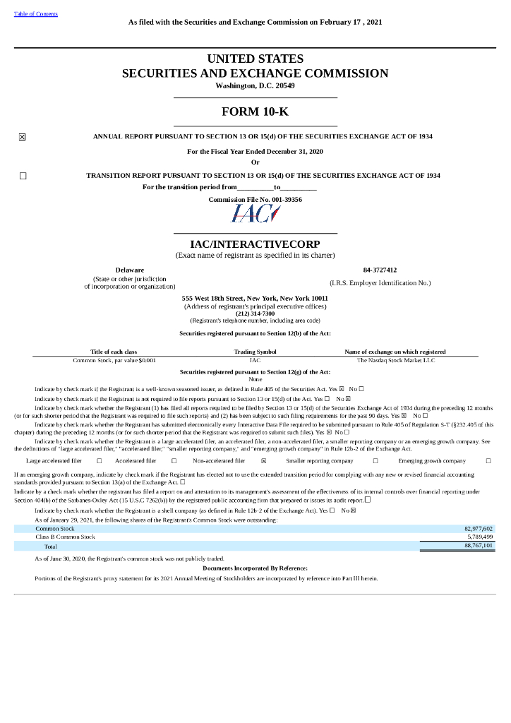 IAC/InterActiveCorp（IAC）2020财年年度报告（英文版）