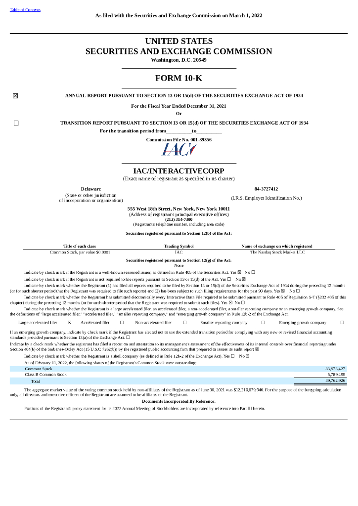 IAC/InterActiveCorp（IAC）2021财年年度报告（英文版）