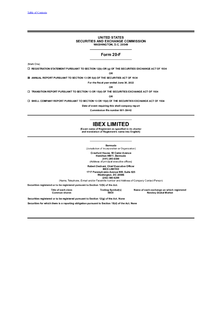 IBEX Limited（IBEX）2022财年年度报告（英文版）