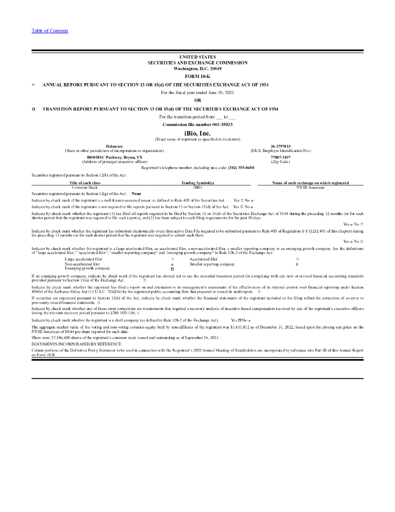 IBIO,Inc.（IBIO）2023财年年度报告（英文版）