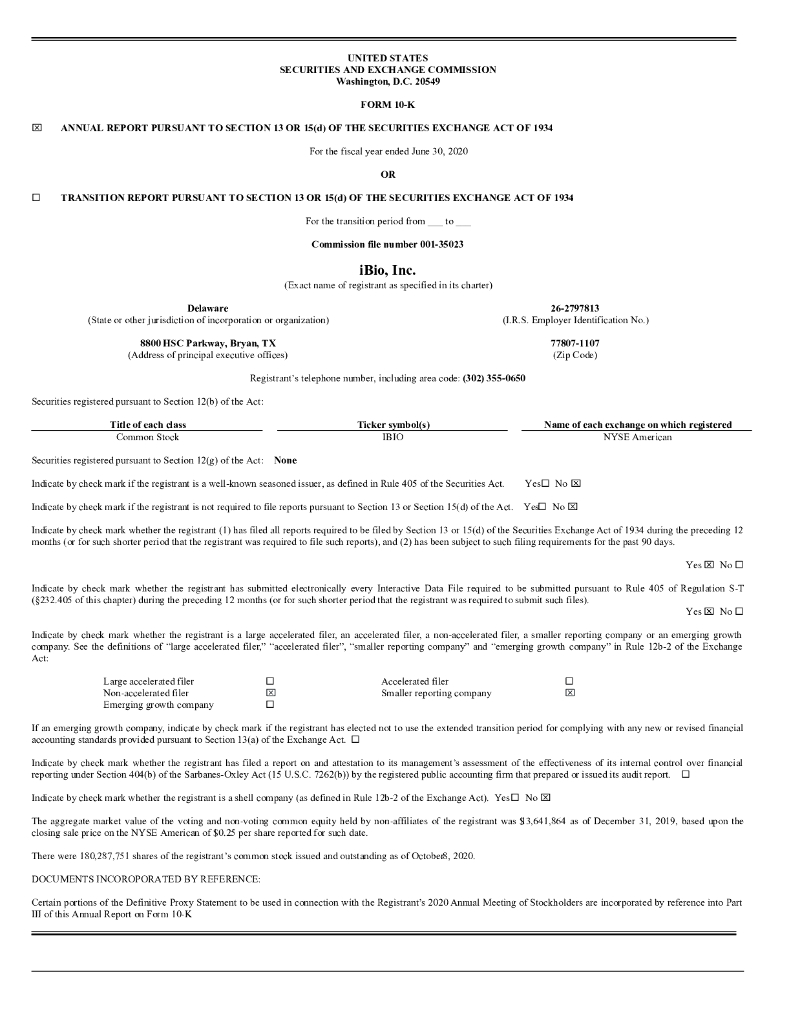 IBIO,Inc.（IBIO）2020财年年度报告（英文版）