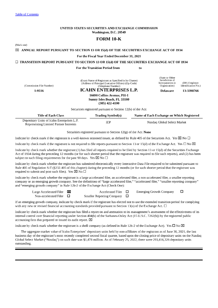 Icahn Enterprises L.P.（IEP）2021财年年度报告（英文版）