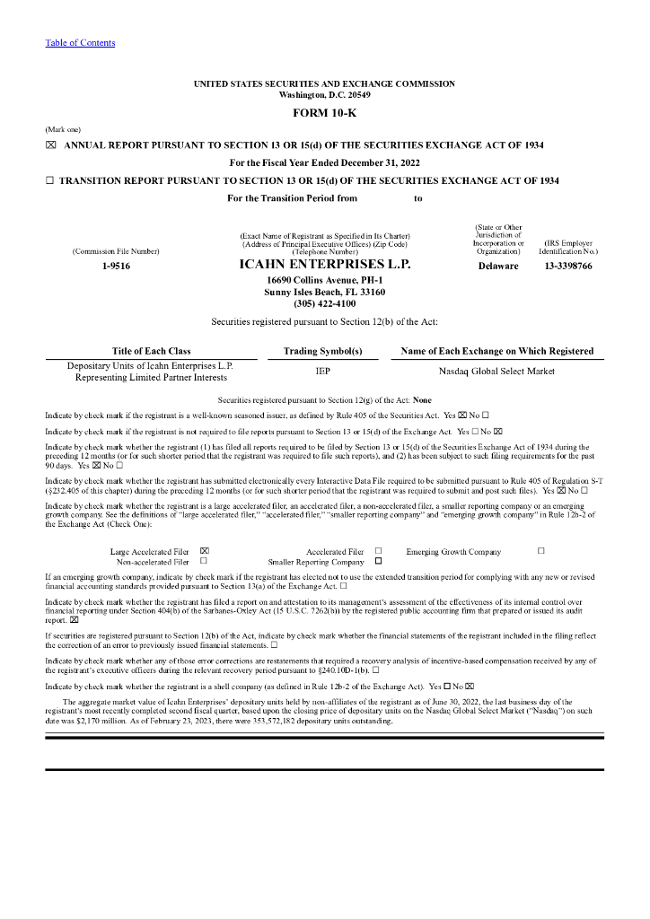 Icahn Enterprises L.P.（IEP）2022财年年度报告（英文版）