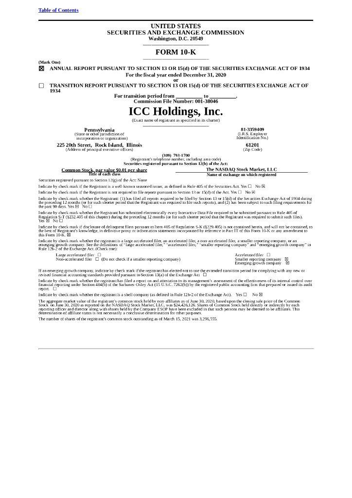 ICC Holdings,Inc.（ICCH）2020财年年度报告（英文版）