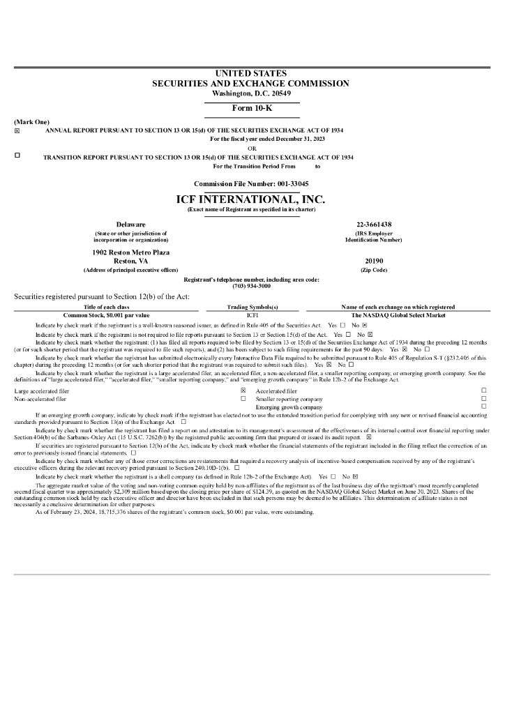 ICF International Inc.（ICFI）2023财年年度报告（英文版）