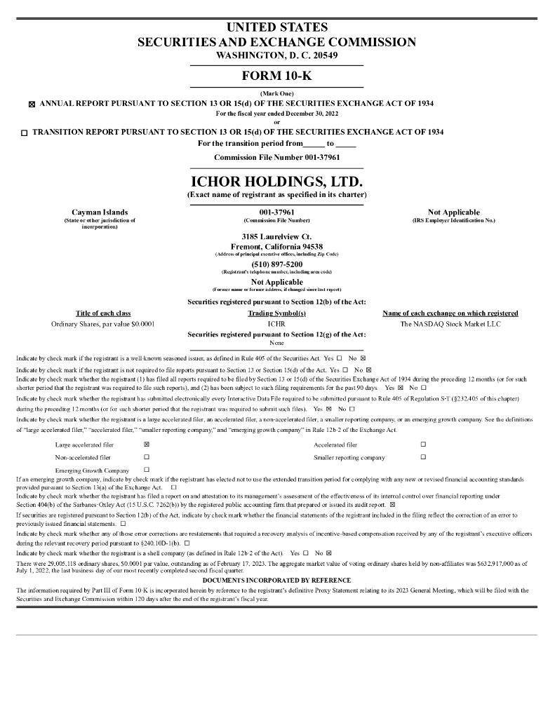Ichor Holdings Ltd（ICHR）2022财年年度报告（英文版）