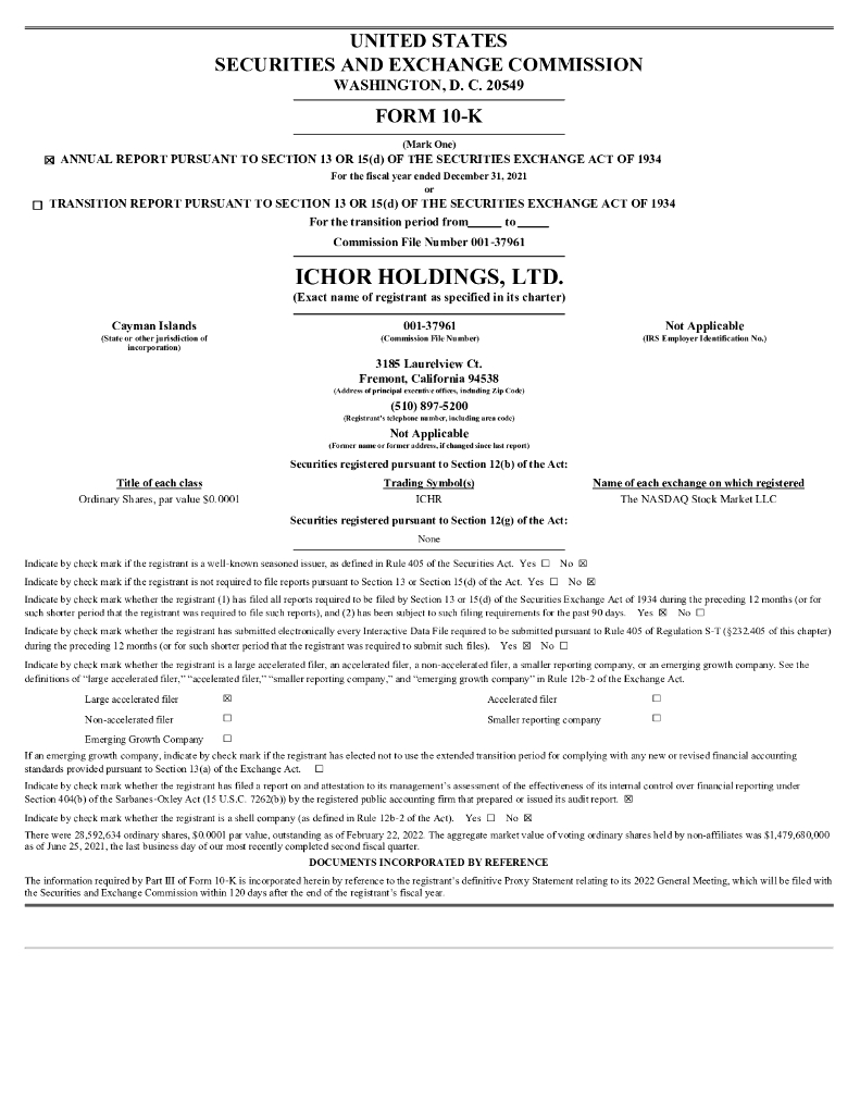 Ichor Holdings Ltd（ICHR）2021财年年度报告（英文版）