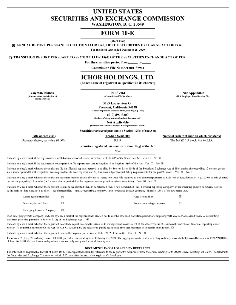 Ichor Holdings Ltd（ICHR）2020财年年度报告（英文版）