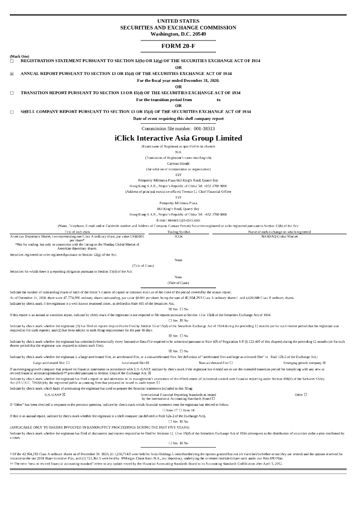 iClick Interactive Asia Group Limited（ICLK）2020财年年度报告（英文版）
