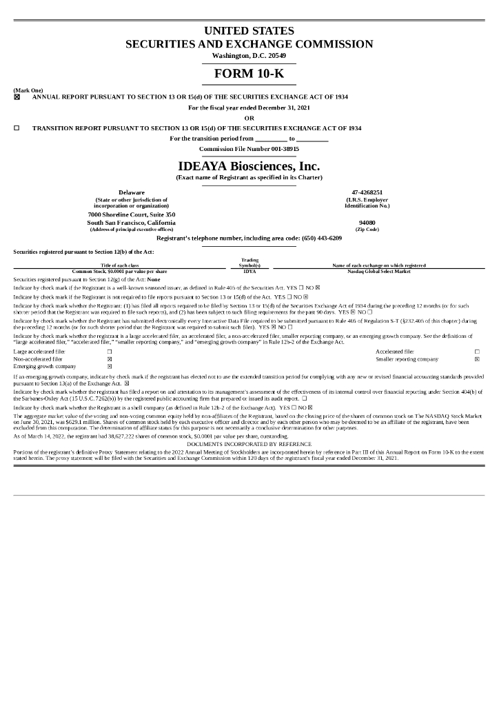 IDEAYA Biosciences,Inc.（IDYA）2021财年年度报告（英文版）