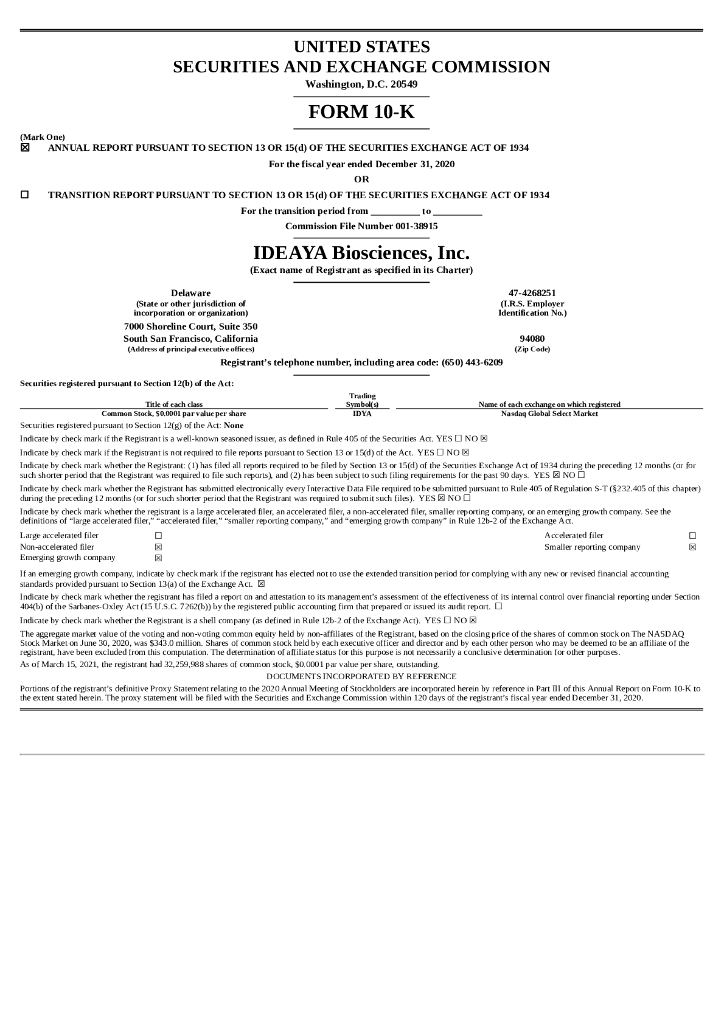 IDEAYA Biosciences,Inc.（IDYA）2020财年年度报告（英文版）