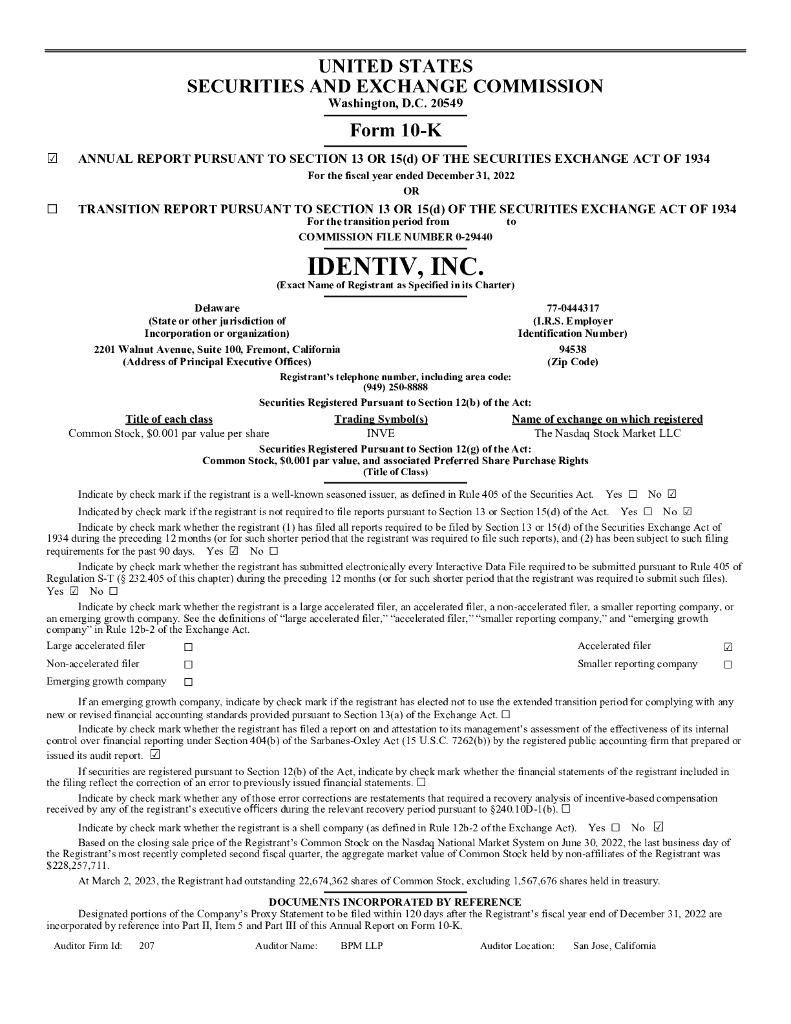 Identiv（INVE）2022财年年度报告（英文版）