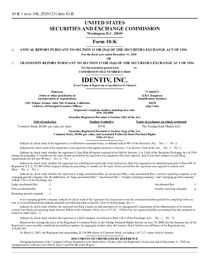Identiv（INVE）2020财年年度报告（英文版）