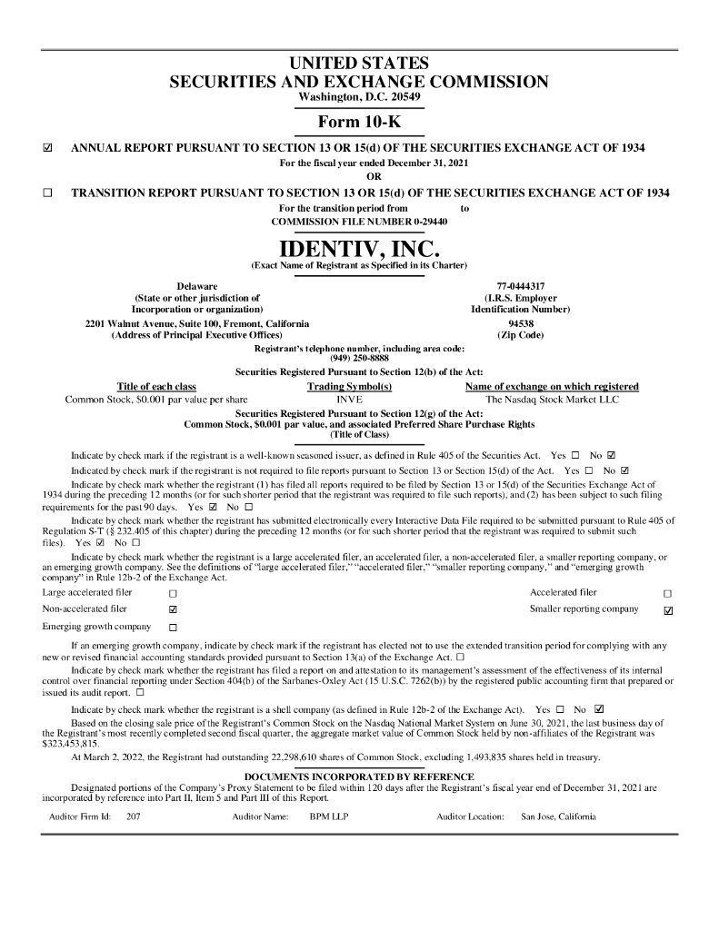 Identiv（INVE）2021财年年度报告（英文版）