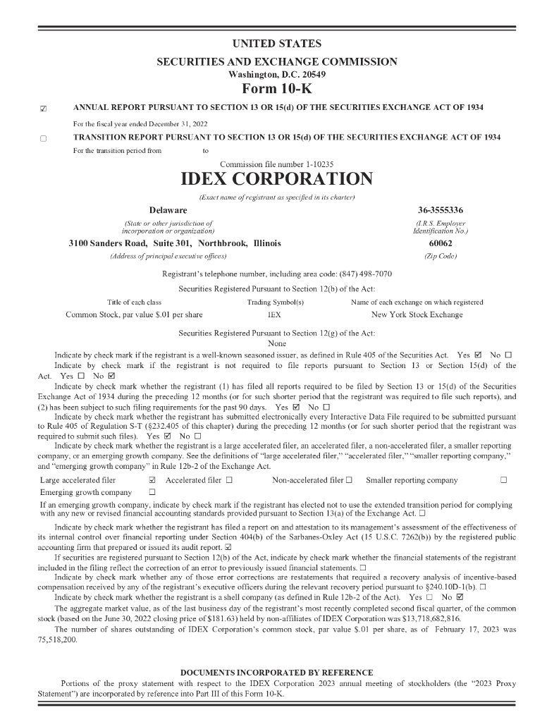 IDEX Corporation（IEX）2022财年年度报告（英文版）