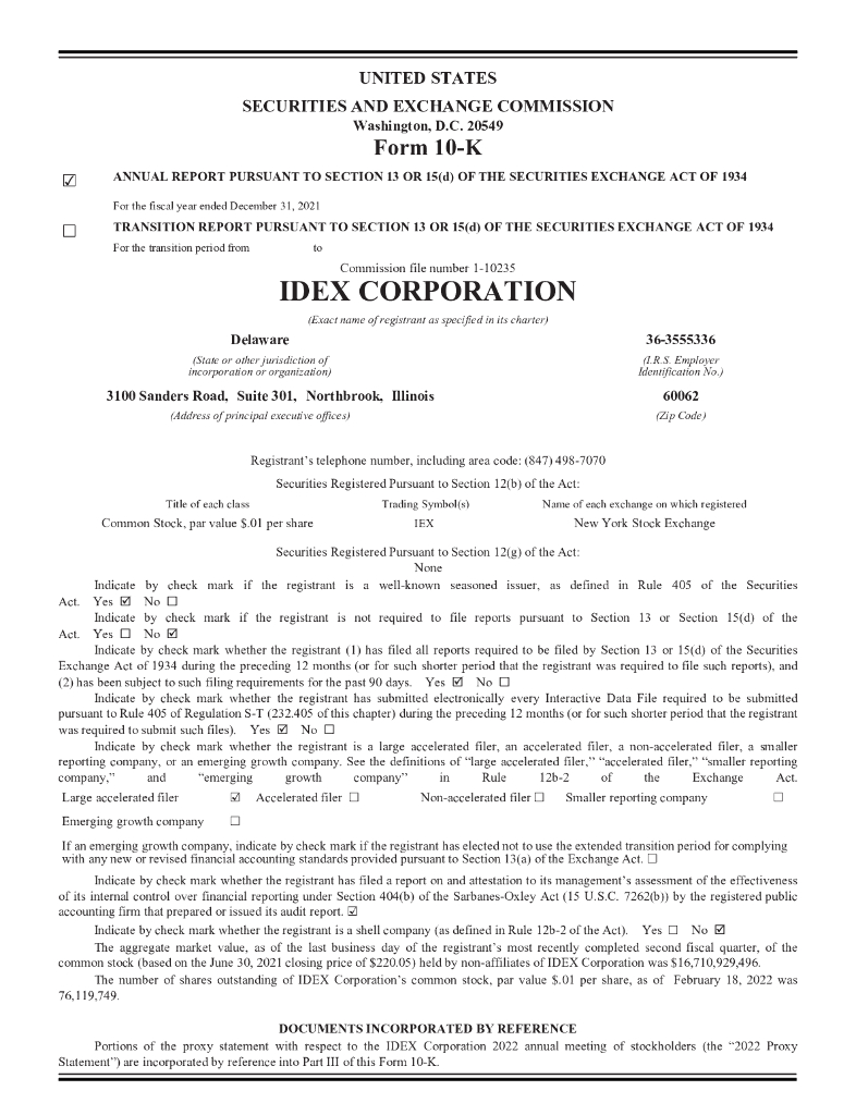 IDEX Corporation（IEX）2021财年年度报告（英文版）