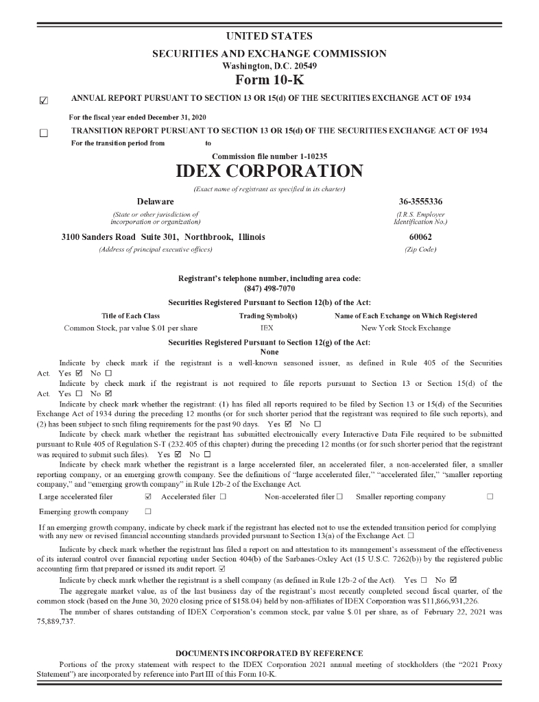 IDEX Corporation（IEX）2020财年年度报告（英文版）