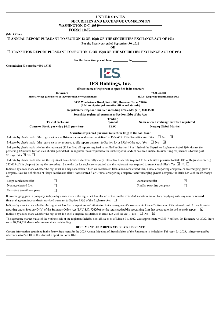 IES Holdings,Inc.（IESC）2022财年年度报告（英文版）