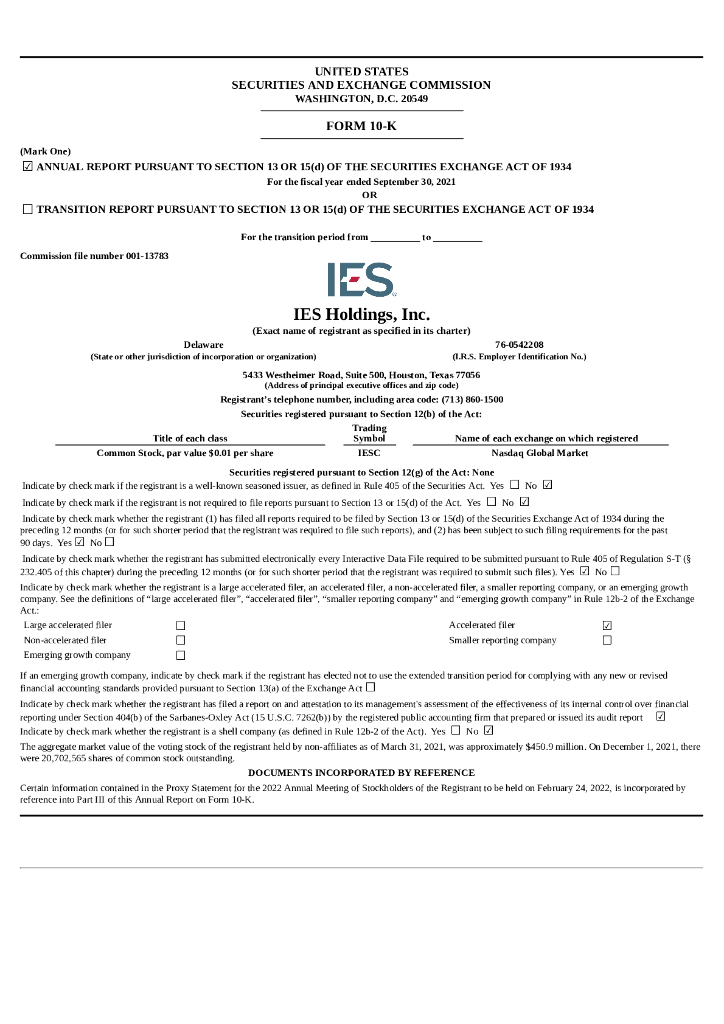 IES Holdings,Inc.（IESC）2021财年年度报告（英文版）
