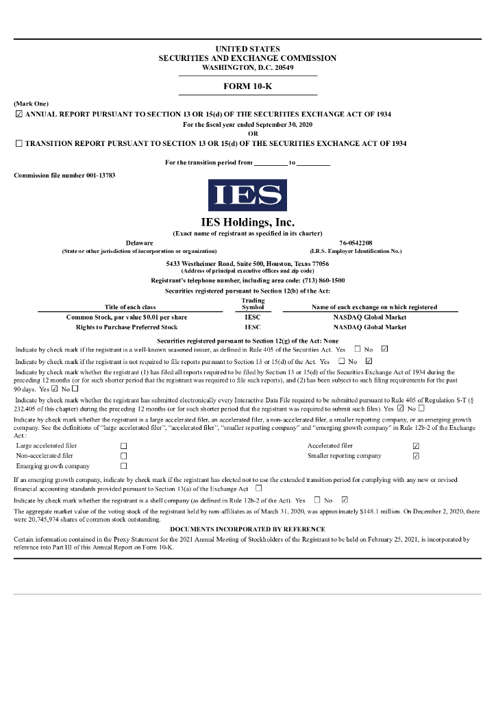 IES Holdings,Inc.（IESC）2020财年年度报告（英文版）