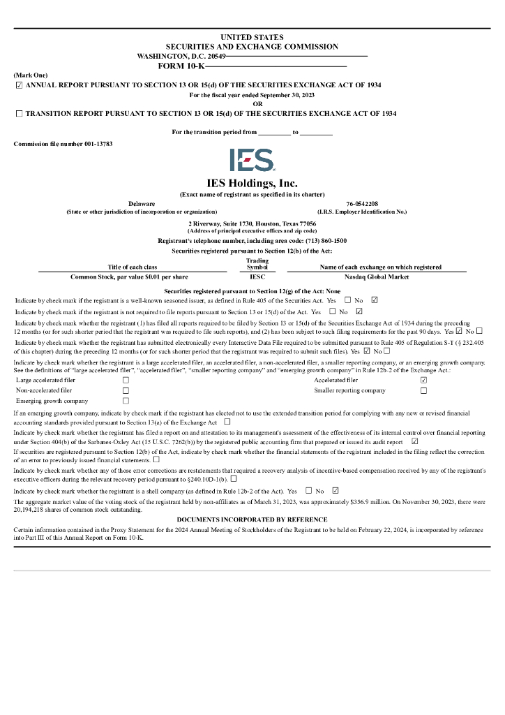 IES Holdings,Inc.（IESC）2023财年年度报告（英文版）