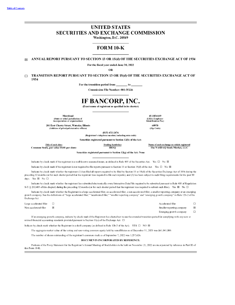 IF Bancorp,Inc.（IROQ）2022财年年度报告（英文版）