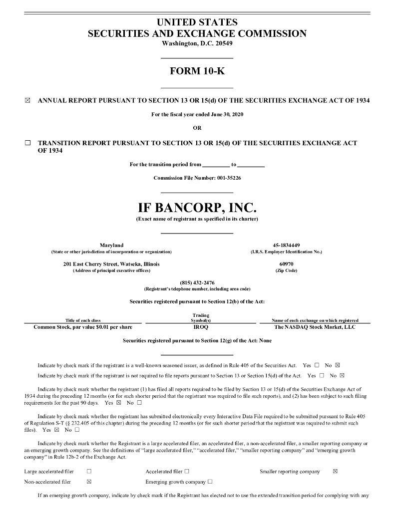 IF Bancorp,Inc.（IROQ）2020财年年度报告（英文版）
