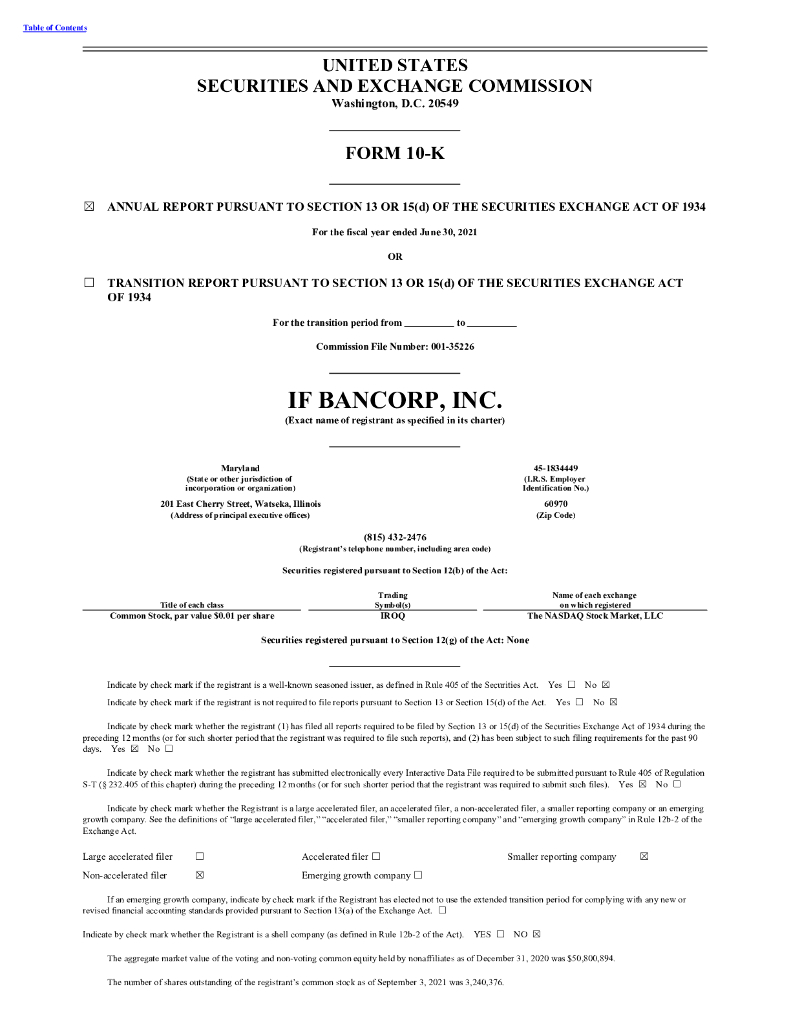 IF Bancorp,Inc.（IROQ）2021财年年度报告（英文版）