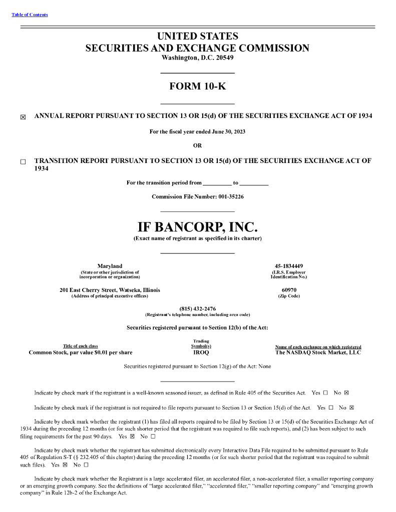 IF Bancorp,Inc.（IROQ）2023财年年度报告（英文版）