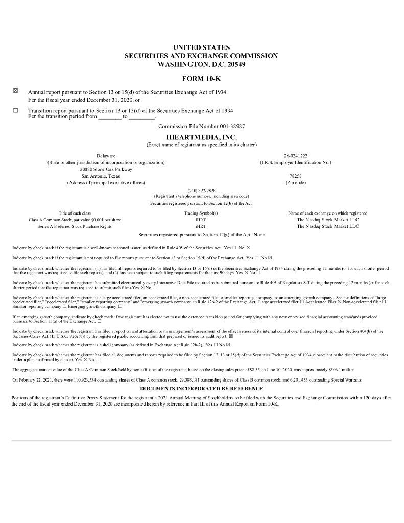 iHeartMedia,Inc.（IHRT）2020财年年度报告（英文版）