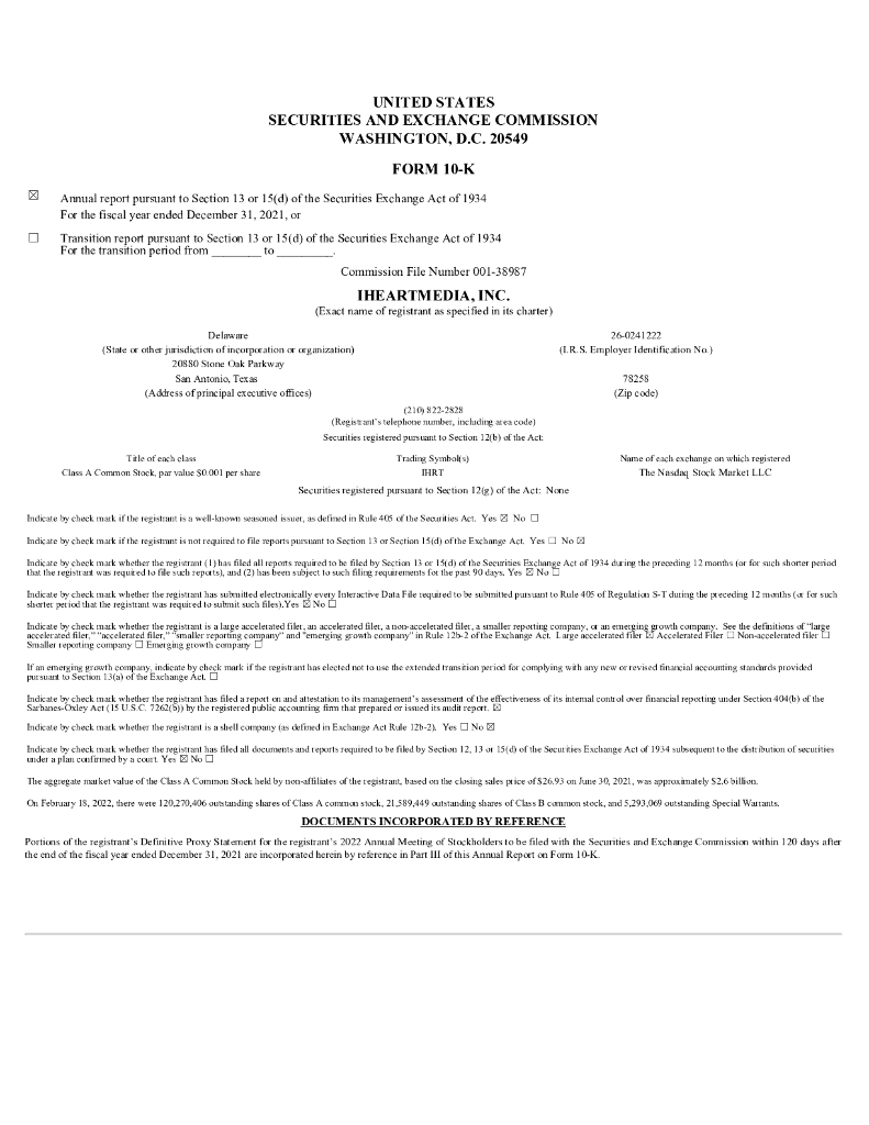 iHeartMedia,Inc.（IHRT）2021财年年度报告（英文版）