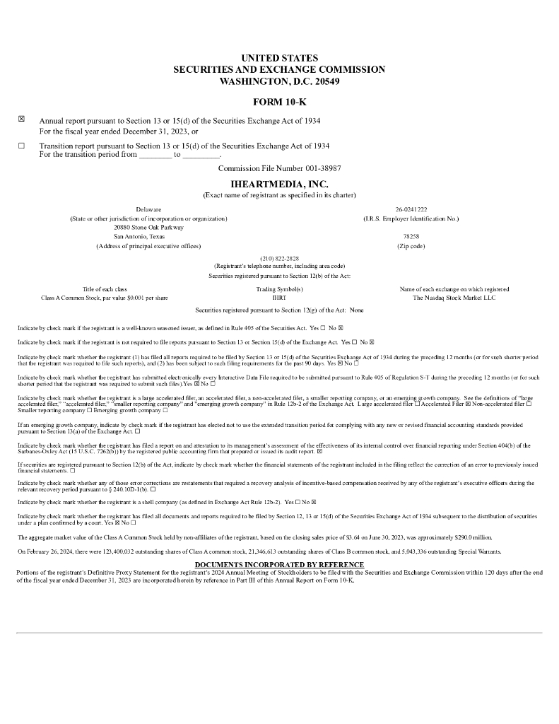iHeartMedia,Inc.（IHRT）2023财年年度报告（英文版）