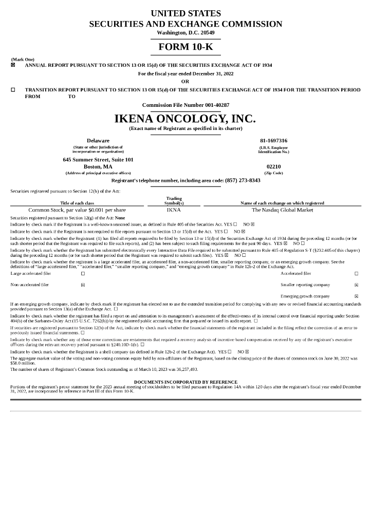 Ikena Oncology（IKNA）2022财年年度报告（英文版）