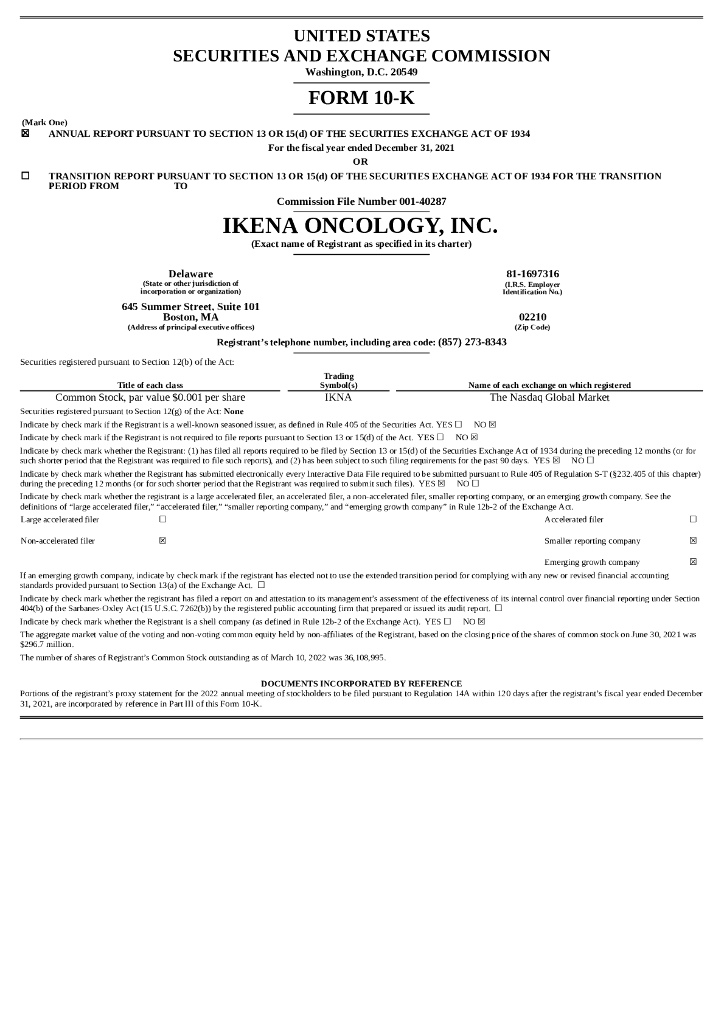 Ikena Oncology（IKNA）2021财年年度报告（英文版）