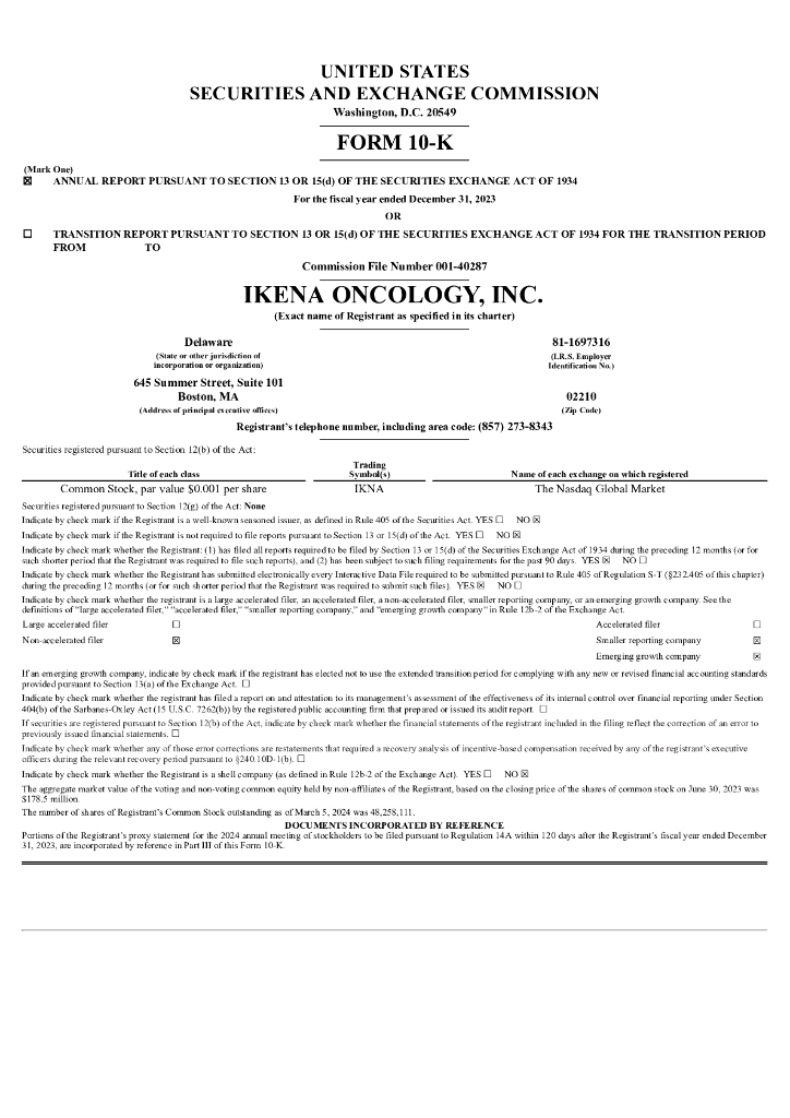 Ikena Oncology（IKNA）2023财年年度报告（英文版）